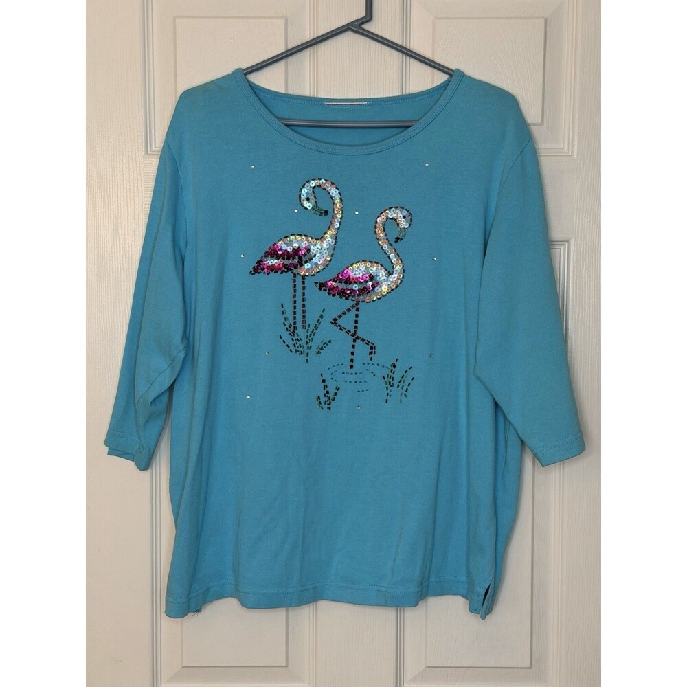 MINT Quacker Factory Flamingo Blue Embellished Women’s Blue Shirt Top 2X XXL 2XL